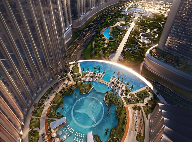 A 2,966 sqm pool deck on the podium