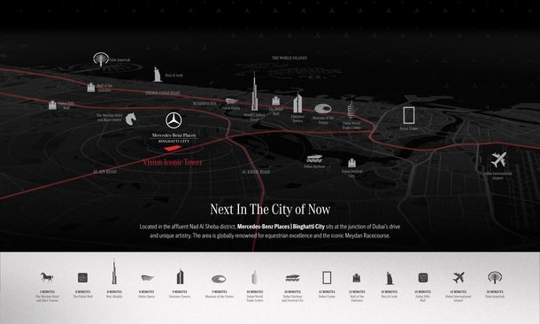 Map of Dubai with Mercedes-Benz Places | Binghatti City in Nad Al Sheba and the landmarks around it